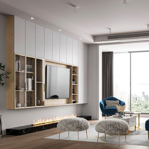 林氏木业全屋定制满墙电视柜背景墙客厅嵌入式收纳柜玻璃书柜壁柜