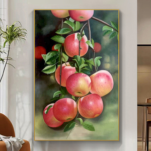 新中式苹果玄关装饰画手绘油画平平安安写实水果丰收客厅餐厅挂画