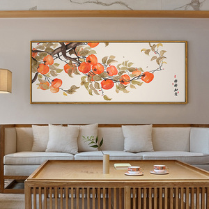 事事如意柿子装饰画纯手绘油画新中式客厅沙发背景墙挂画横幅壁画