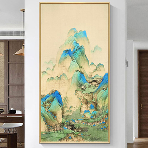 千里江山图新中式手绘油画青绿山水别墅挂画客厅背景墙玄关装饰画