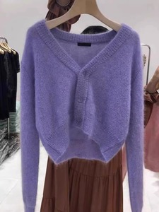 一线品牌剪标女装大牌外贸出口孤品样衣短款紫色针织开衫毛衣外套