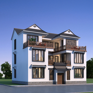 c664新农村三层中式别墅设计图纸三合院自建房屋施工效果图盖房子