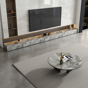 亮面岩板电视柜定制客厅现代简约大理石地台轻奢极简背景墙矮地柜