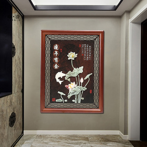 入户玄关装饰画新中式竖版客厅背景墙玉雕挂件木雕走廊壁挂墙饰3d