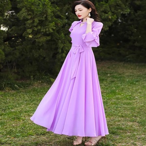 纯色雪纺连衣裙女夏季2024新款波西比亚大摆裙长袖紫罗兰度假长裙