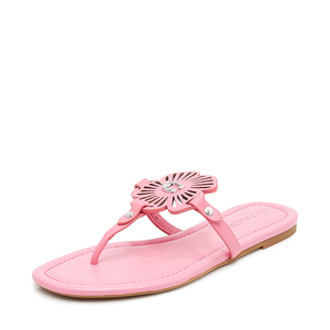 2020夏白色皮花朵纹样金属c徽标女士平底人字拖凉鞋