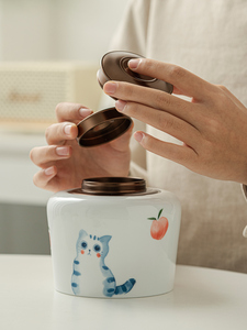 茶叶罐陶瓷密封罐家用防潮储物罐手绘双灌盖储茶罐收纳茶叶盒茶仓