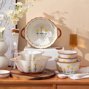 ins风山菊花碗碟套装家用高颜值餐具碗盘陶瓷碗具组合好看的面碗