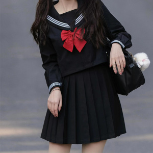 jk裙子制服女秋冬裙学院风校服纯色黑色优等不良百褶短裙中长款裙