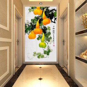 中式水墨葫芦玄关壁画竖版招财纳福走廊壁纸五福临门客厅屏风贴画