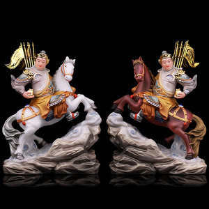 汉白玉黄小跑黄天乐左右骑马将军传堂报马神像客厅二灵童佛像摆件