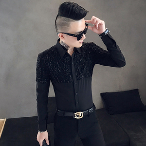夜店ktv工装男衬衫蕾丝拼接上衣韩版修身长袖衬衣夜场发型师寸衫