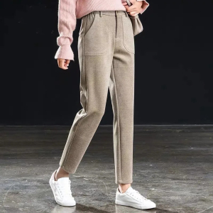 毛呢哈伦裤女秋冬九分小脚裤中年妈妈高腰加厚韩版显瘦休闲萝卜裤