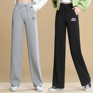 直筒运动裤女初春高腰显瘦白色阔腿裤抽绳宽松大码休闲松紧腰长裤
