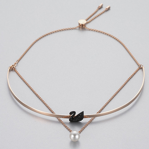 新款施华奥地利水晶黑天鹅束颈双层珍珠项链项圈玫瑰金 5351807女