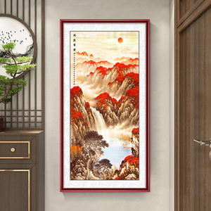 鸿运当头玄关山水挂画入户正对门走廊装饰画国画壁画迎门墙西墙