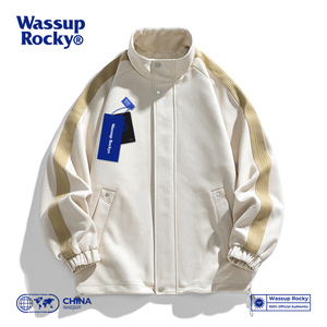 WASSUP ROCKY麂皮绒立领开衫外套美式运动球棒服秋季潮流夹克男生