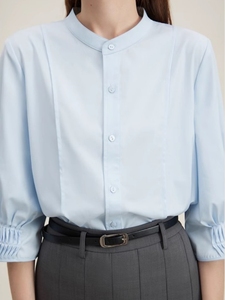 范思恩蓝清氧薄荷蓝色立领通勤衬衫女夏季2024新款法式五分袖上衣