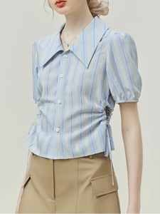 范思恩蓝23FS12528 辣妹短袖衬衫女夏设计感小众短款腰部镂空上衣
