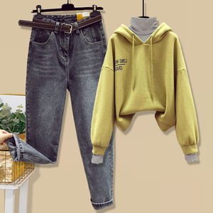 卫衣老爹牛仔裤套装女