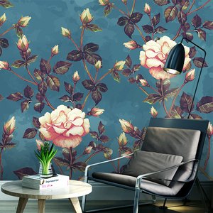 手绘玫瑰花壁纸美式花卉花丛壁画客厅墙纸卧室背景墙复古墙布壁布