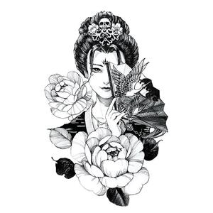 防水持久花臂刺青锁骨贴半臂古代美女般若折扇落泪艺妓贴纸0人付款13