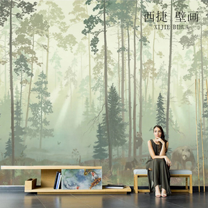 北欧迷雾风景壁纸森林丛林手绘树林壁画客厅电视背景墙纸定制墙布