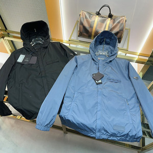 prada/普拉达23ss春秋季男士字母logo冰川蓝潮流休闲夹克连帽外套