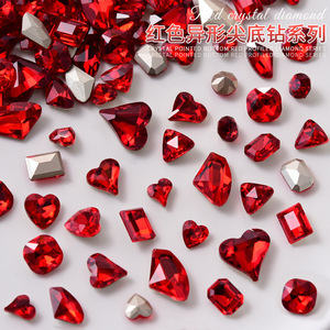 新年中国红大红色美甲饰品水晶大钻肥方爱心斧头尖底玻璃水钻配饰