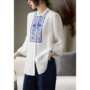 2022夏季重工刺绣中式领苎麻青花瓷绣花衬衫小上衣女cyc484642ag