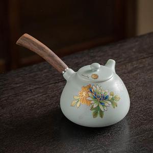 汝窑功夫茶壶珐琅彩木质侧把防烫泡茶壶陶瓷茶具单品家用茶器小杯