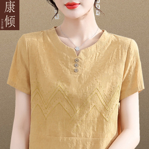 中年女士短袖t恤女夏装新款品牌棉麻洋气大码宽松妈妈夏季高端薄