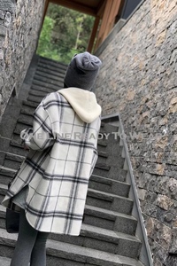 韩国超细羊毛休闲大衣2022秋冬中长款毛线帽格子羊毛风衣外套女