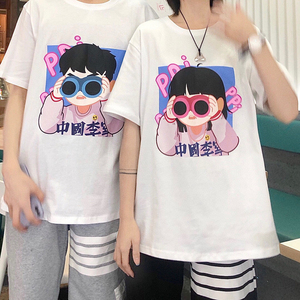 国潮李宁t恤可爱趣味头像望远镜情侣款图案男女宽松薄款印花短袖