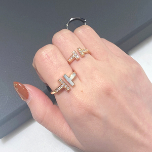 正品tiffany/蒂芙尼t系列 18k玫瑰金 镶钻 白贝母 双t 开口戒指女