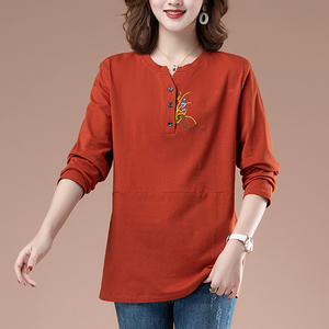 妈妈款洋气高贵小衫中年女装四十50岁春装t恤宽松遮肚子纯棉长袖