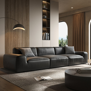 大黑牛夏图md黑胖子豆腐块直排开边四人位简约全真皮意式极简沙发