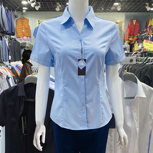 职业蓝色衬衫女夏季正装套装前台工作服抗皱免烫寸衫气质短袖衬衣