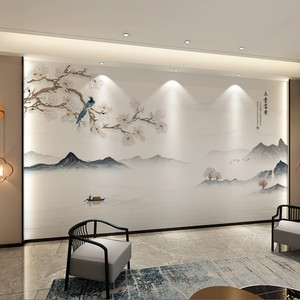 中式影视墙壁画电视背景墙壁纸自粘客厅沙发贴画卧室书房花鸟墙布