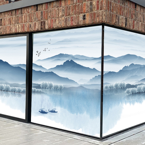 办公室磨砂玻璃贴纸透光不透明中式山水画窗户防偷窥静电定制贴膜