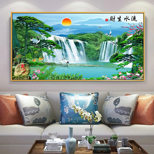 流水生财山水画农村中堂画办公室客厅挂画迎客松八方聚财图装饰画