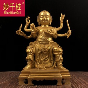 妙千桂纯铜鎏金三太子哪咤铜像摆件三头六臂家居供奉神像工艺品