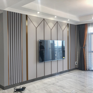 电视背景墙壁纸墙布客厅装饰轻奢风格栅金属线条软包造型影视壁画