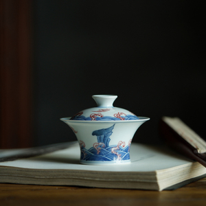 四夕窑景德镇1.0 120ml手绘青花釉里红福山寿海仿古瓷中式盖碗