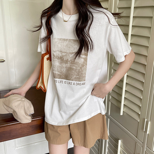 港味复古chic短袖t恤女夏装原宿bf半袖打底衫学生宽松肩大码上衣