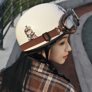 hba电动车摩托车头盔女四季卡通哈雷半盔3c安全认证电瓶车安全帽
