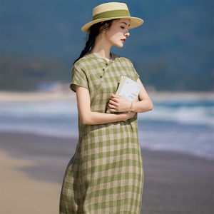 十里色织亚麻复古改良旗袍立领格子短袖棉麻中国风女装连衣裙夏季