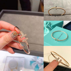 代购tiffany/蒂芙尼手镯女双t经典1837系开口18k玫瑰金情侣手环
