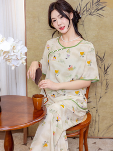 新中式女装2024新款睡衣女款棉绸夏季国风短袖套装薄款家居服妈妈