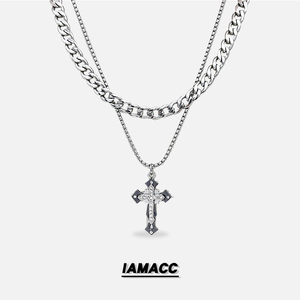 iamacc嘻哈男潮酷十字吊坠项链街头配饰nk古巴链锁骨颈链双层叠戴